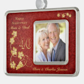 赤第40の結婚記念日の金葉 シルバープレートフレームオーナメント (左)