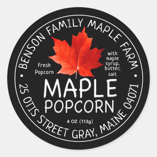 赤糖メープルリーフ付きブラックメープルポップコーン ラウンドシール (正面)