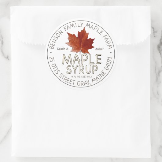 赤糖メープルリーフ付きホワイトメープルシロップのラベル ラウンドシール (バッグ)