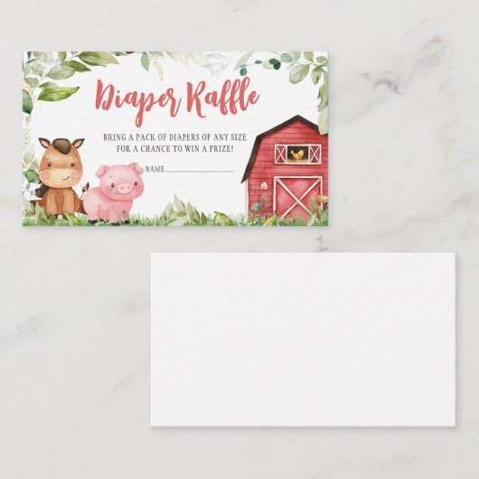 赤納屋周囲の庭ファームベイビーシャワーおむつラッフル エンクロージャーカード (正面/裏面)