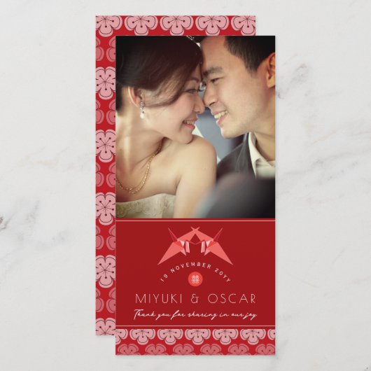 赤紙クレーンと桜ア結婚ジアの写真 サンキューカード (正面/裏面)