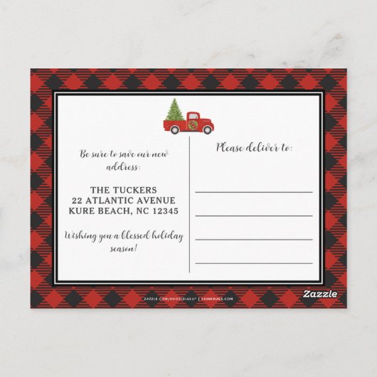 赤素朴いクリスマストラックプレイド木材引っ越しました ポストカード (裏面)