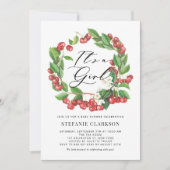 赤素朴さくらんぼリース女の子の赤ちゃんシャワー 招待状 (正面)