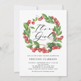赤素朴さくらんぼリース女の子の赤ちゃんシャワー 招待状
