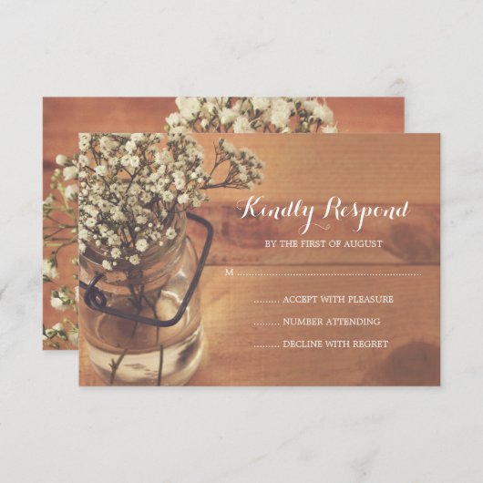 赤素朴ちゃんの息のメイソンjar木製ウェディングRSVP 出欠カード (正面/裏面)