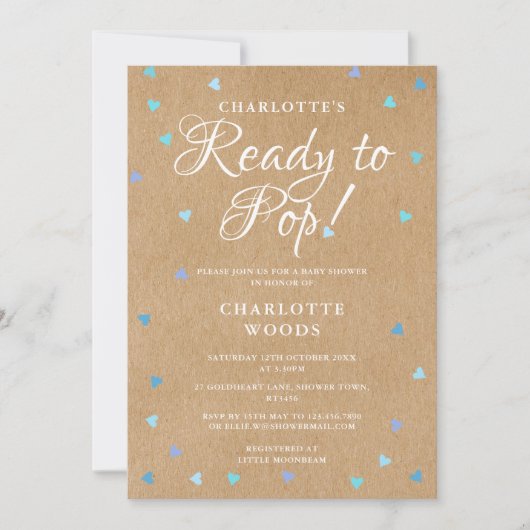 赤素朴ちゃんシャワーの準備ができてポップ・アートのいる青い愛のハート 招待状 (正面)