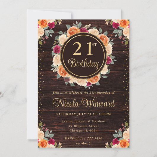 赤素朴とオレンジの秋花リース誕生日 招待状 (正面)