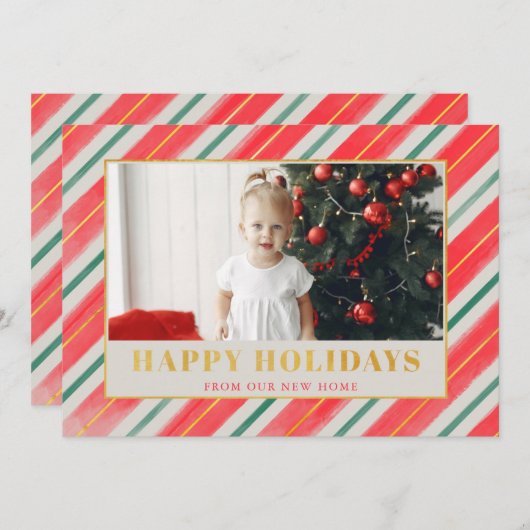 赤素朴とストライプ緑の引っ越しました写真 シーズンカード (正面/裏面)