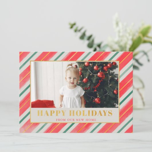 赤素朴とストライプ緑の引っ越しました写真 シーズンカード (スタンド正面)