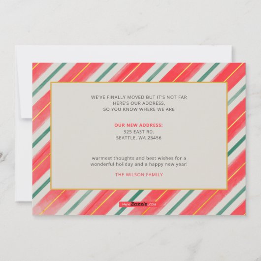赤素朴とストライプ緑の引っ越しました写真 シーズンカード (裏面)