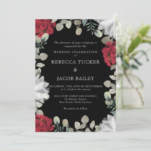 赤素朴と白のフローラ緑の黒結婚色 招待状 (スタンド正面)