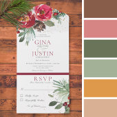 赤素朴と緑の冬の松のフローラQRコード オールインワン招待状