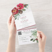 赤素朴と緑の冬の松のフローラQRコード オールインワン招待状 (貼ってはがせる)