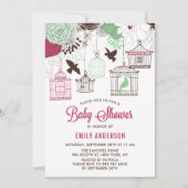 赤素朴と緑の鳥ケージフローラ赤ちゃんシャワー 招待状 (正面)