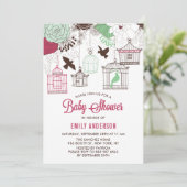 赤素朴と緑の鳥ケージフローラ赤ちゃんシャワー 招待状 (スタンド正面)
