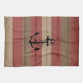 赤素朴と茶色のウッド航海のストライプのいかり キッチンタオル (横)