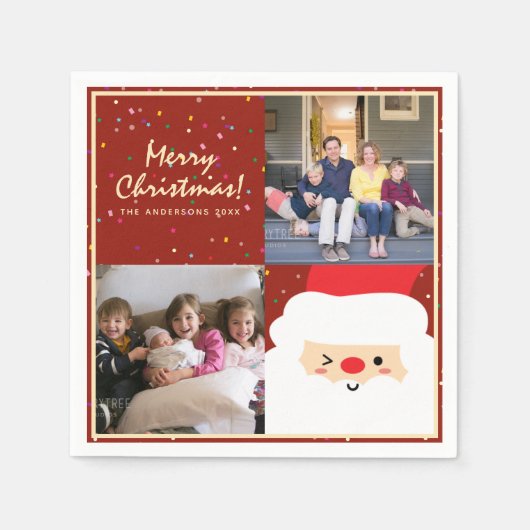 赤素朴と金ゴールドクリスマスサンタと家族の写真 スタンダードカクテルナプキン (正面)