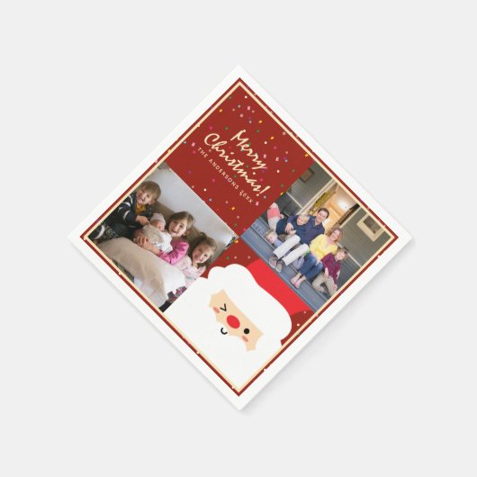 赤素朴と金ゴールドクリスマスサンタと家族の写真 スタンダードカクテルナプキン (角)