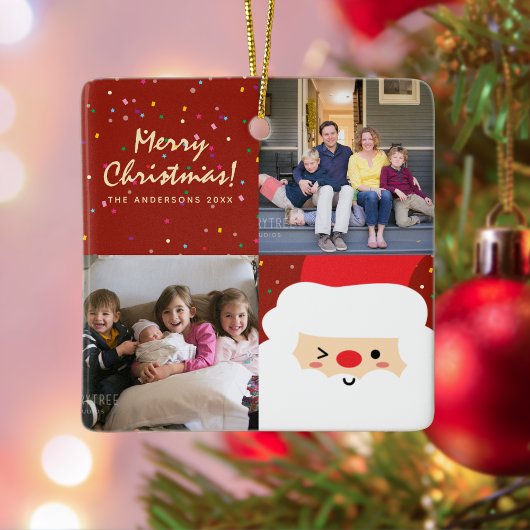 赤素朴と金ゴールドクリスマスサンタと家族の写真 セラミックオーナメント