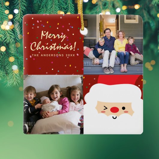 赤素朴と金ゴールドクリスマスサンタと家族の写真 セラミックオーナメント