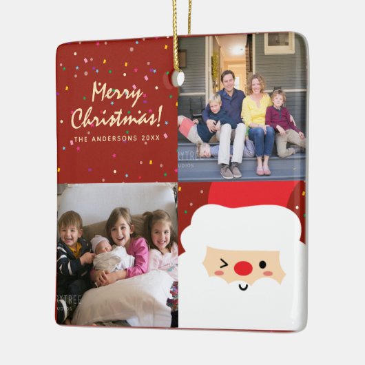 赤素朴と金ゴールドクリスマスサンタと家族の写真 セラミックオーナメント (左)