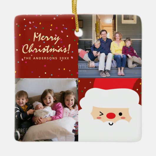赤素朴と金ゴールドクリスマスサンタと家族の写真 セラミックオーナメント (正面)