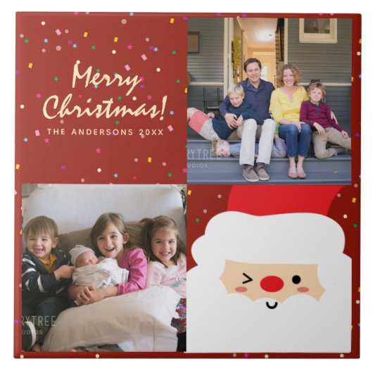 赤素朴と金ゴールドクリスマスサンタと家族の写真 タイル (正面)