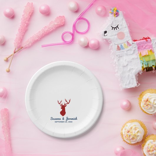 赤素朴と青のウェディングレセプションで鹿狩り ペーパープレート (パーティー)