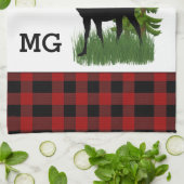 赤素朴と黒のバッファローのプレイドムース キッチンタオル (折り畳み)