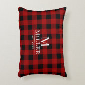 赤素朴と黒のバッファローチェックのモノグラム名 アクセントクッション (正面(垂直))