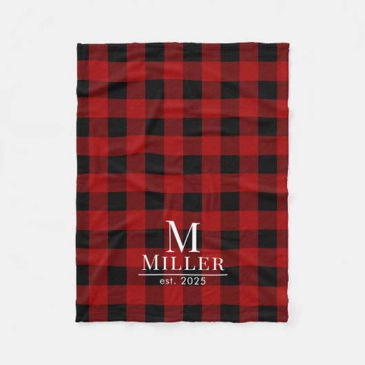 赤素朴と黒のバッファローチェックのモノグラム名 フリースブランケット (正面)