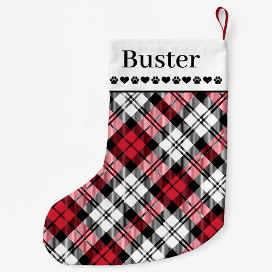 赤素朴と黒の格子状のカスタム犬名 スモールクリスマスストッキング (裏面)