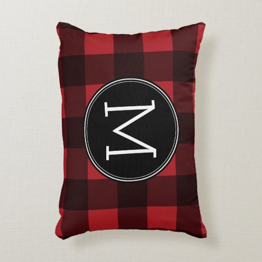 赤素朴と黒の水牛の格子模様モノグラム アクセントクッション (正面(垂直))