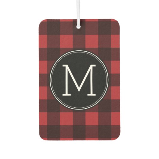 赤素朴と黒の水牛の格子模様モノグラム カーエアーフレッシュナー (正面)