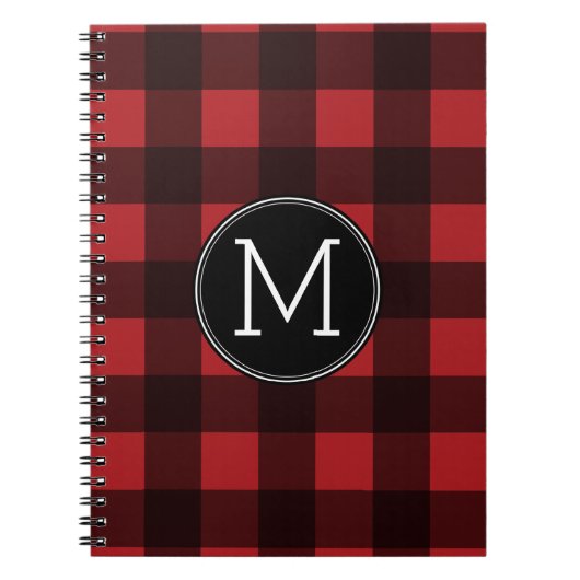 赤素朴と黒の水牛の格子模様モノグラム ノートブック (正面)