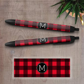 赤素朴と黒の水牛の格子模様モノグラム 黒ボールペン