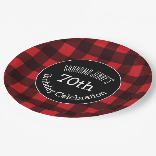 赤素朴と黒バッファロープレイド誕生日パーティー ペーパープレート (アングル)