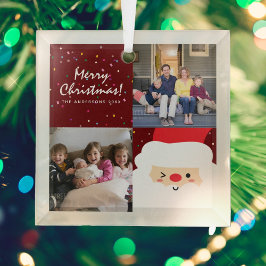 赤素朴のクリスマス紙吹雪&サンタファミリーの写真 ガラスオーナメント