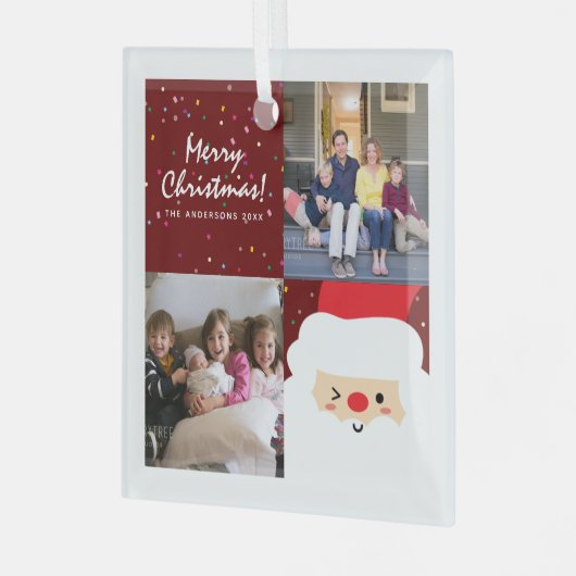 赤素朴のクリスマス紙吹雪&サンタファミリーの写真 ガラスオーナメント (正面左)