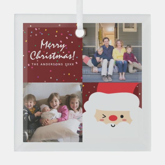 赤素朴のクリスマス紙吹雪&サンタファミリーの写真 ガラスオーナメント (正面)