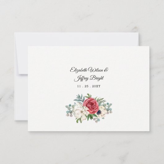 赤素朴エレガントと金ゴールドのフローラホワ結婚イト 出欠カード (裏面)