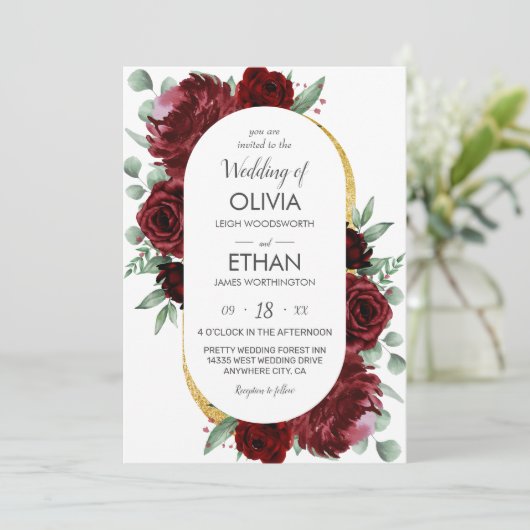 赤素朴エレガントローズフローラ金ゴールドホワイト結婚ズ 招待状 (スタンド正面)