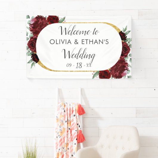 赤素朴エレガントローズフローラ金ゴールドホワイト結婚ズ 横断幕 (インサイチュ)