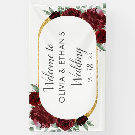 赤素朴エレガントローズフローラ金ゴールドホワイト結婚ズ 横断幕 (縦)