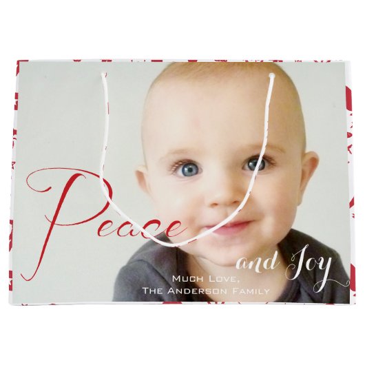 赤素朴キツネ模様クリスマスファミリーの写真 ラージペーパーバッグ (正面)