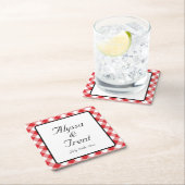 赤素朴ギンガムBBQ結婚の スクエアペーパーコースター (インサイチュ)