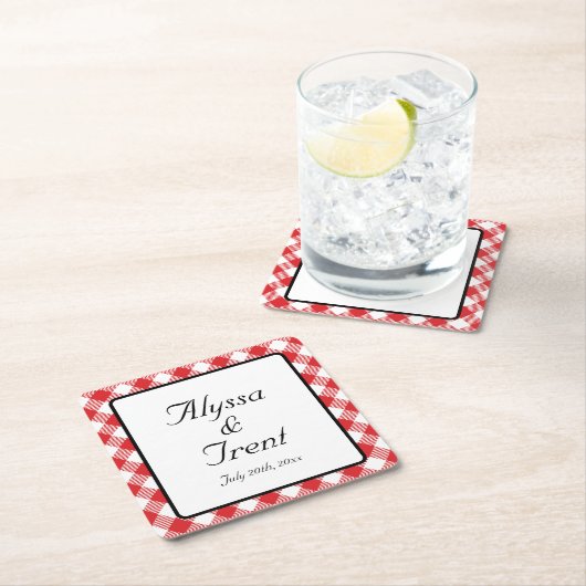赤素朴ギンガムBBQ結婚の スクエアペーパーコースター (インサイチュ)
