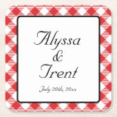 赤素朴ギンガムBBQ結婚の スクエアペーパーコースター (正面)