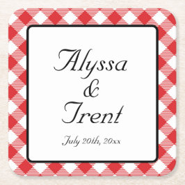 赤素朴ギンガムBBQ結婚の スクエアペーパーコースター