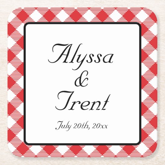 赤素朴ギンガムBBQ結婚の スクエアペーパーコースター (正面)